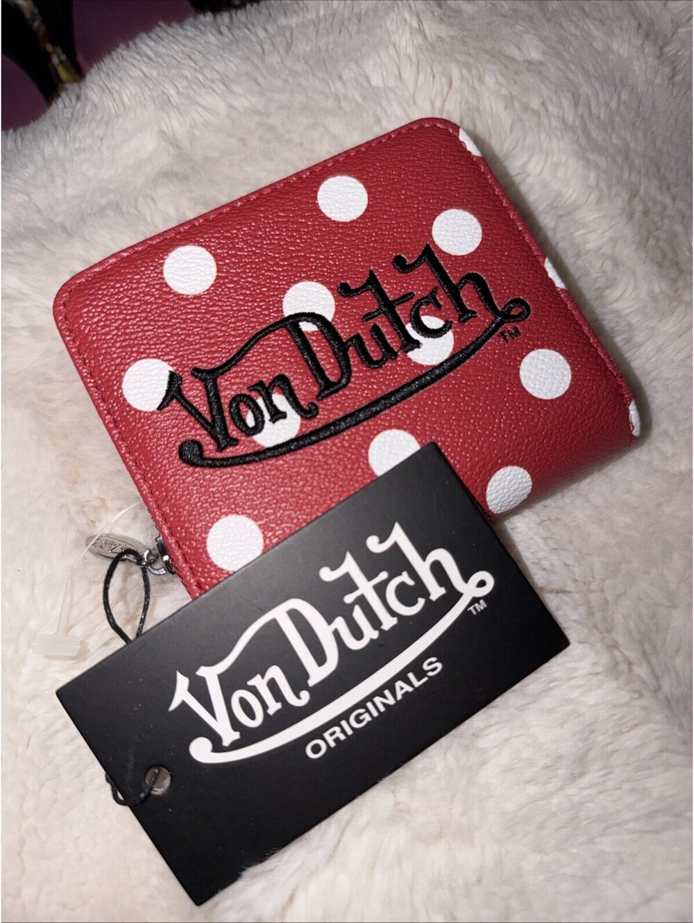 Von Dutch Wallet Red White Polka Dot ID Card Holder Zip Close NWT